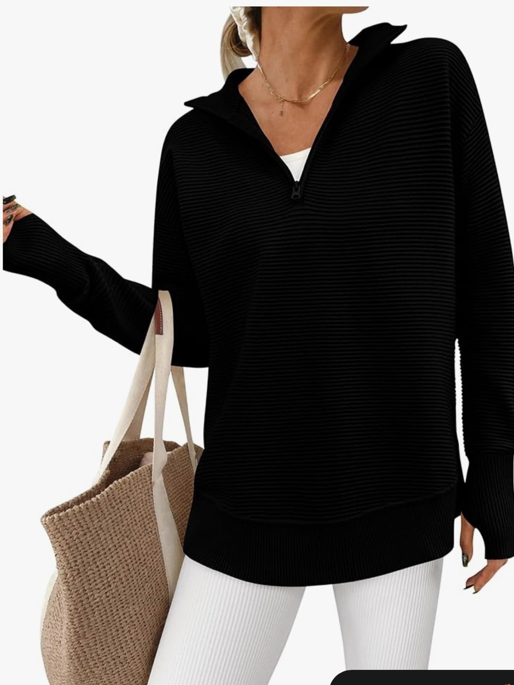 Women's Black Ribbed Half-Zip Long Sleeve Top